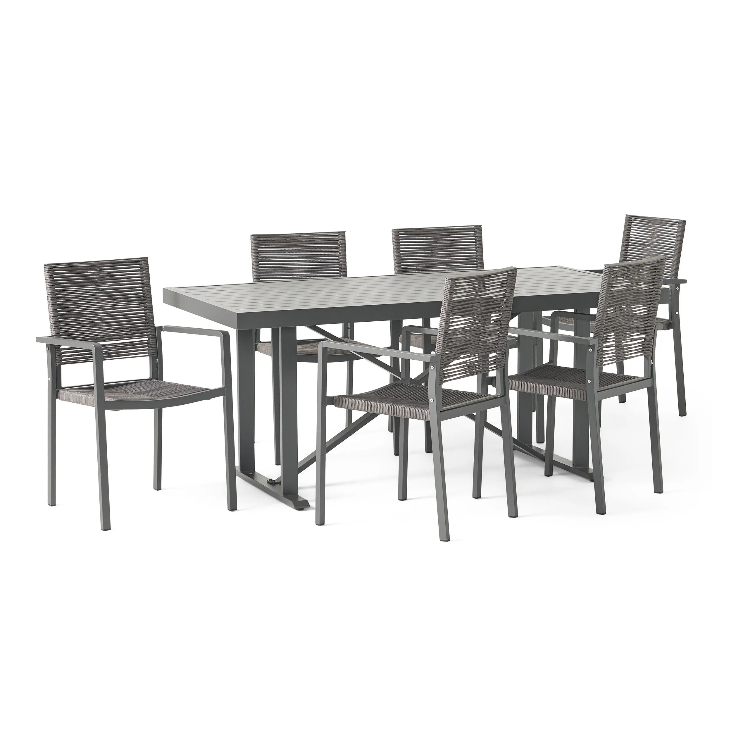 Outdoor Modern Industrial Aluminum 7 Piece Dining Set with Rope Seating - NH305313 patio chairs, outdoor seating
