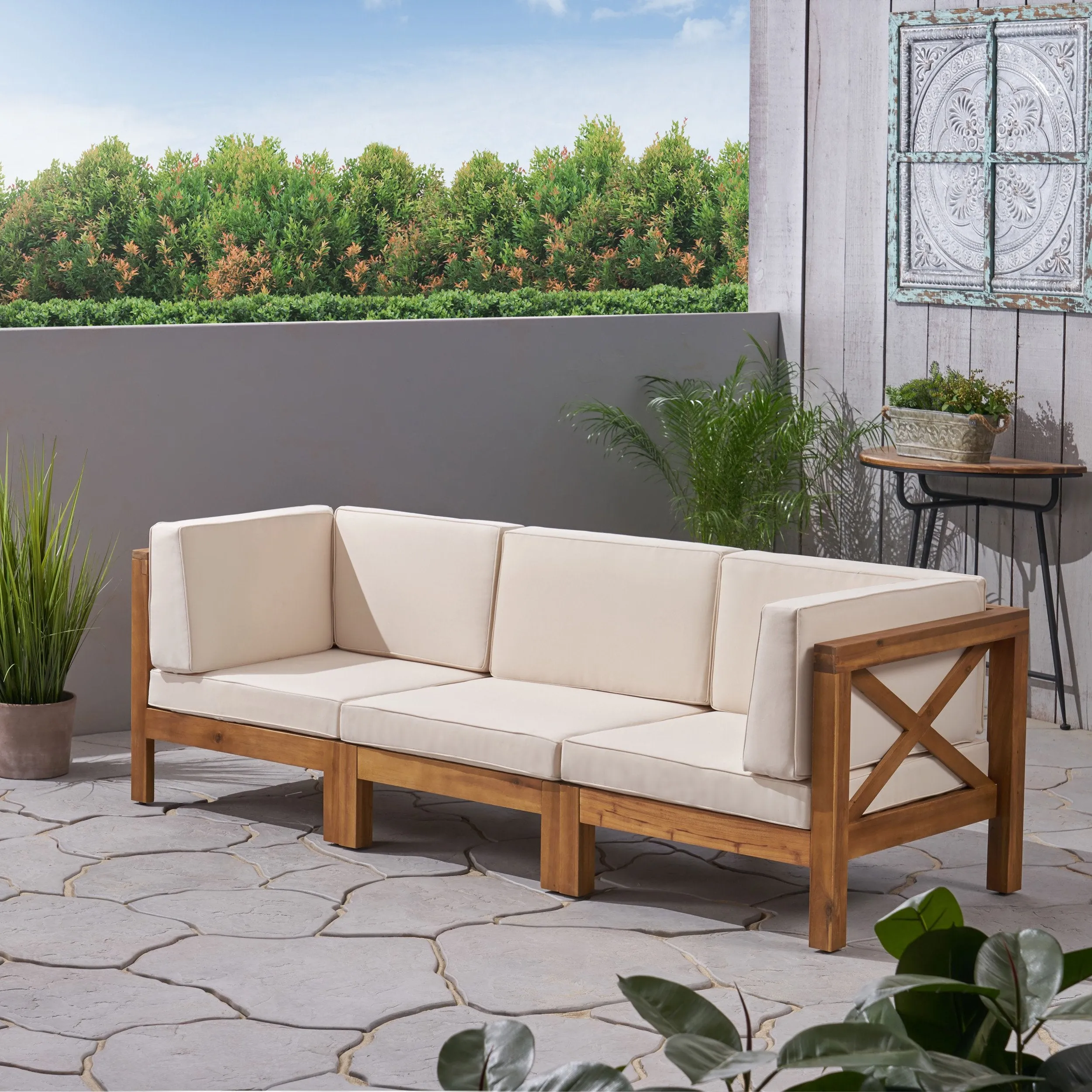 Outdoor Modular Acacia Wood Sofa with Cushions - NH196603
