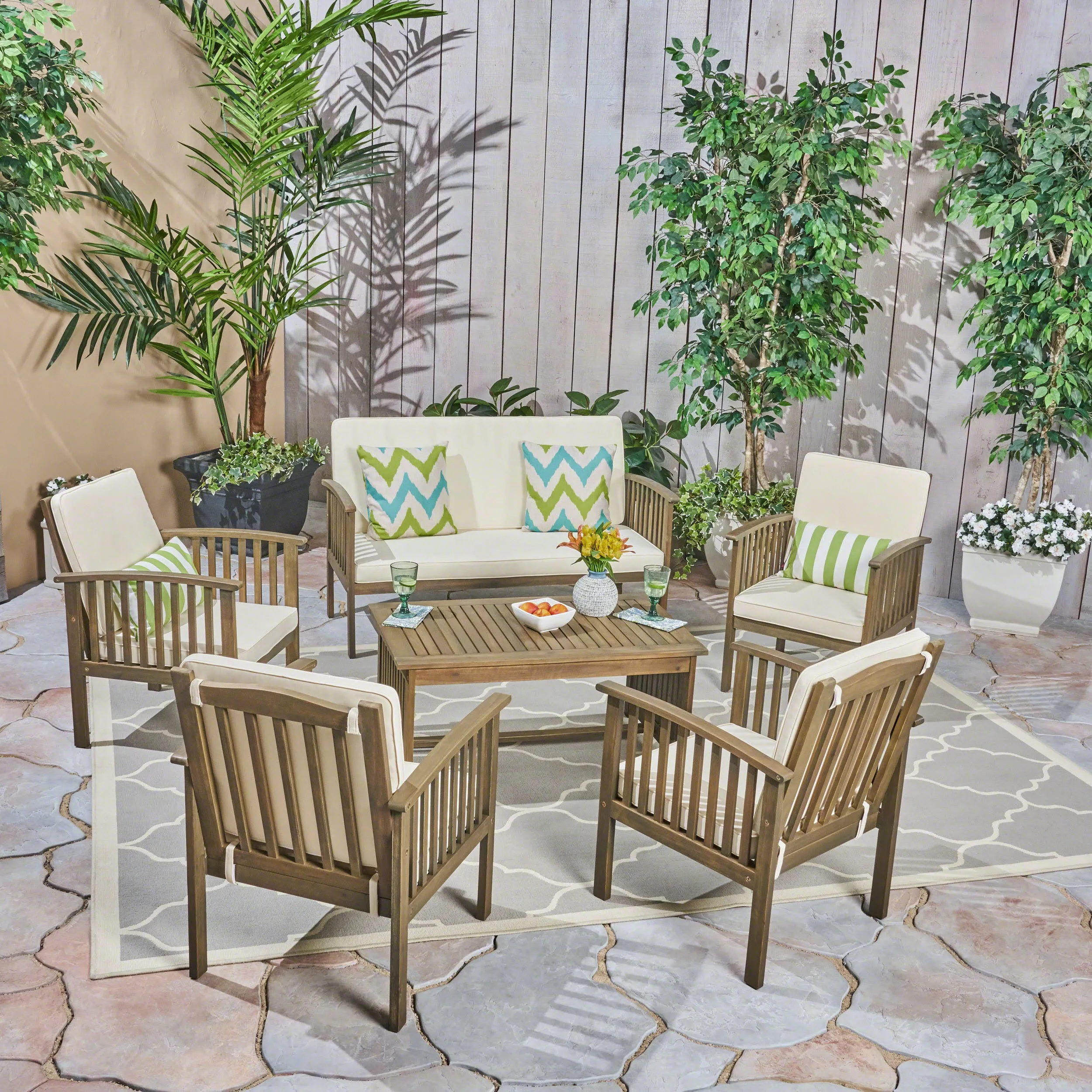 Outdoor Open Slat 6-Seater Acacia Wood Conversation Set with Coffee Table - NH390603