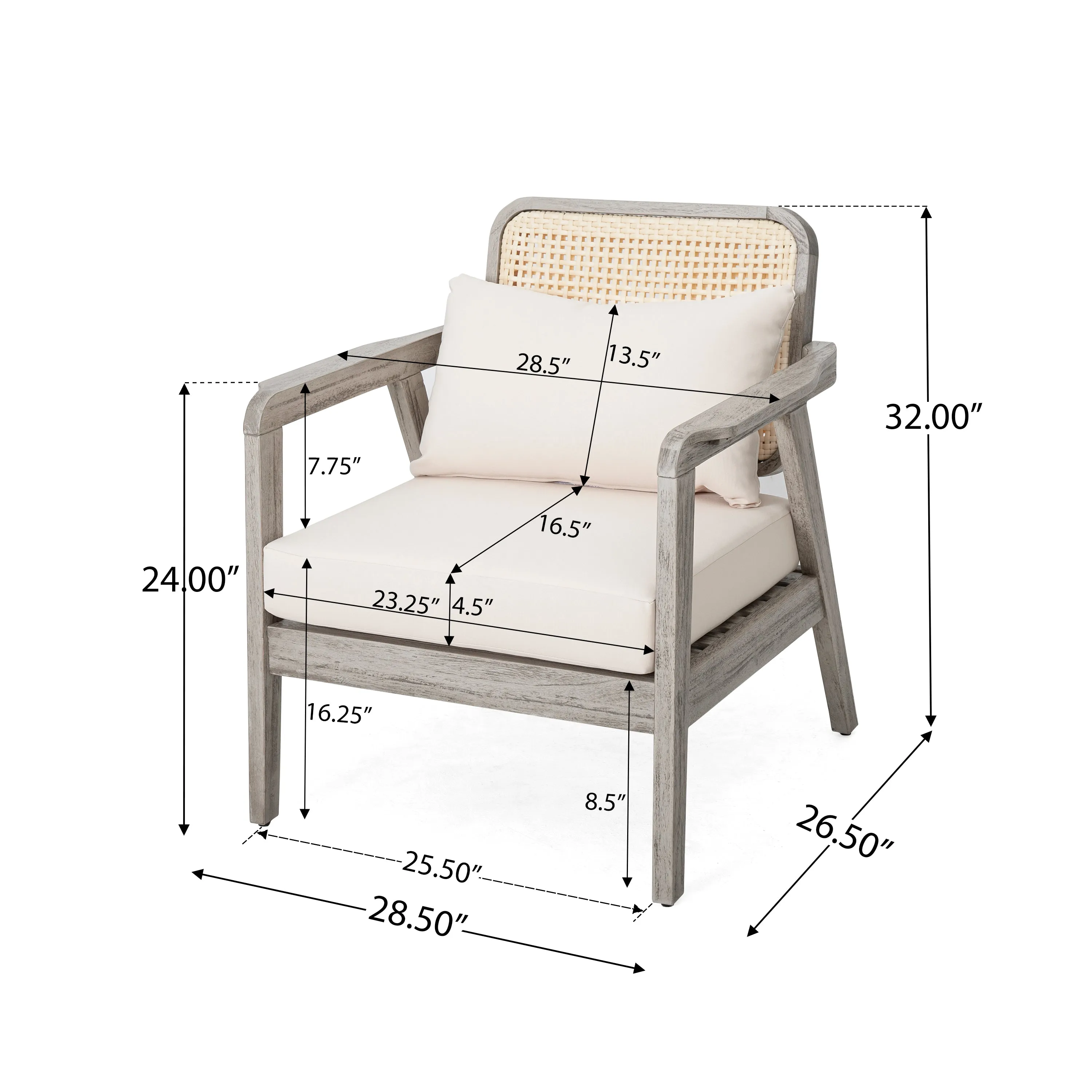 Outdoor Patio Club Chair  Solid Acacia Wood Frame with Criss-Cross Back & Water-Repellent Cushions