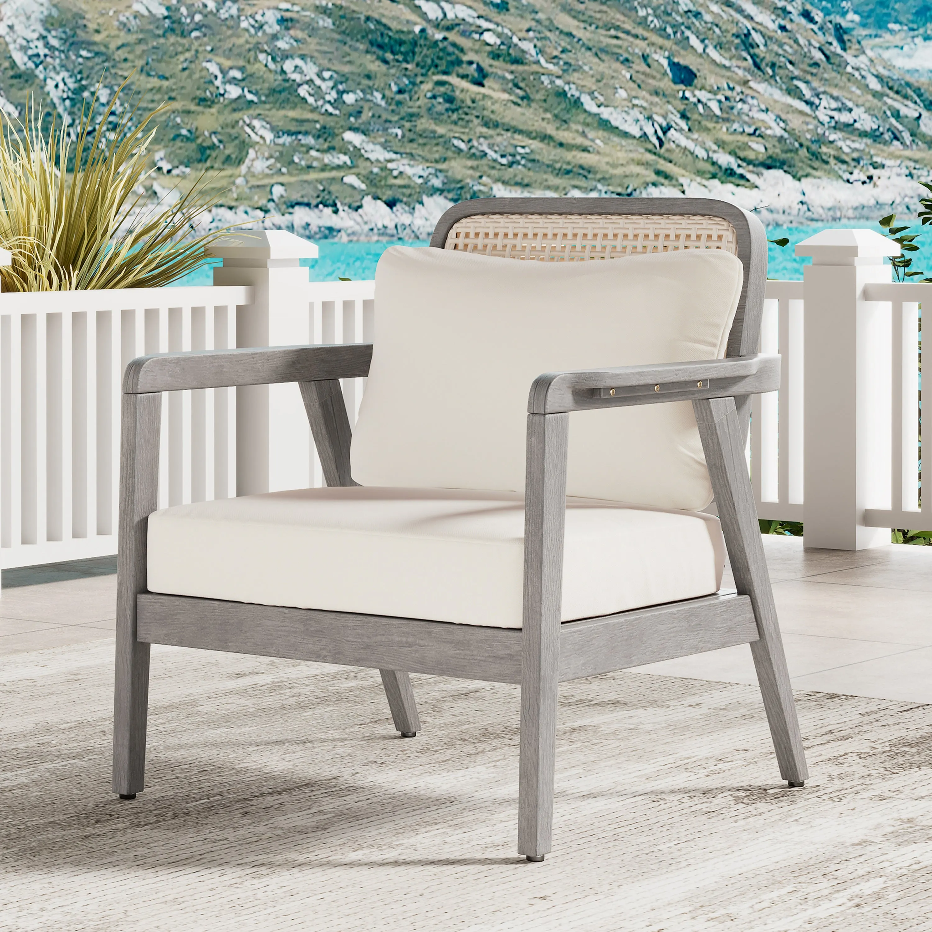 Outdoor Patio Club Chair  Solid Acacia Wood Frame with Criss-Cross Back & Water-Repellent Cushions chandelier, pendant light