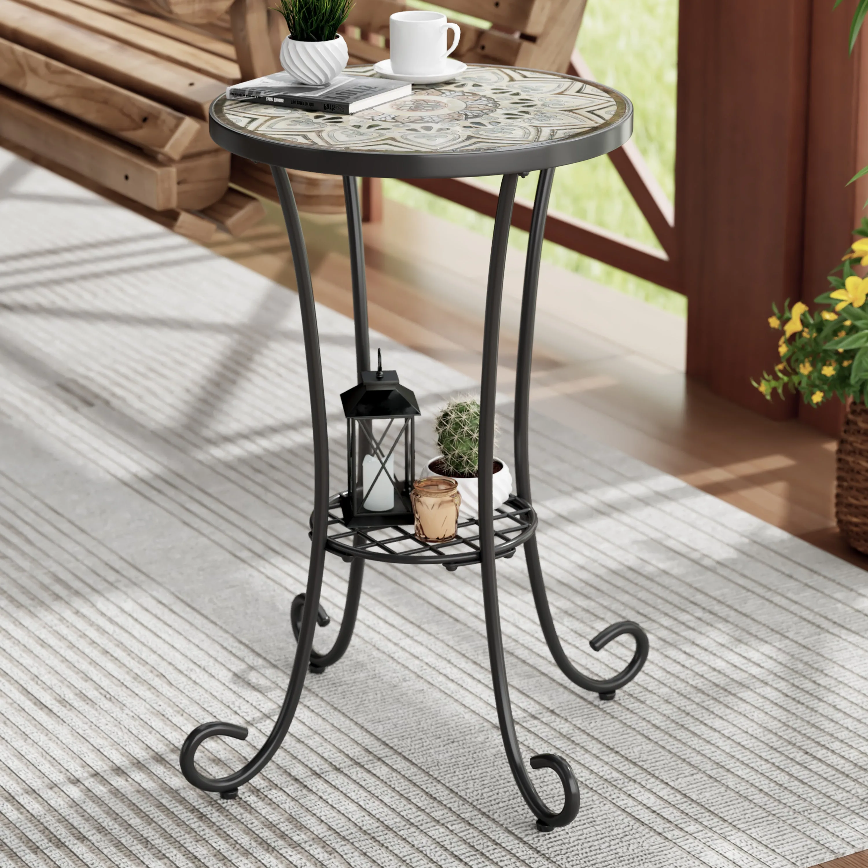 Outdoor Patio Floral Ceramic Side Table, Ceramic Tile