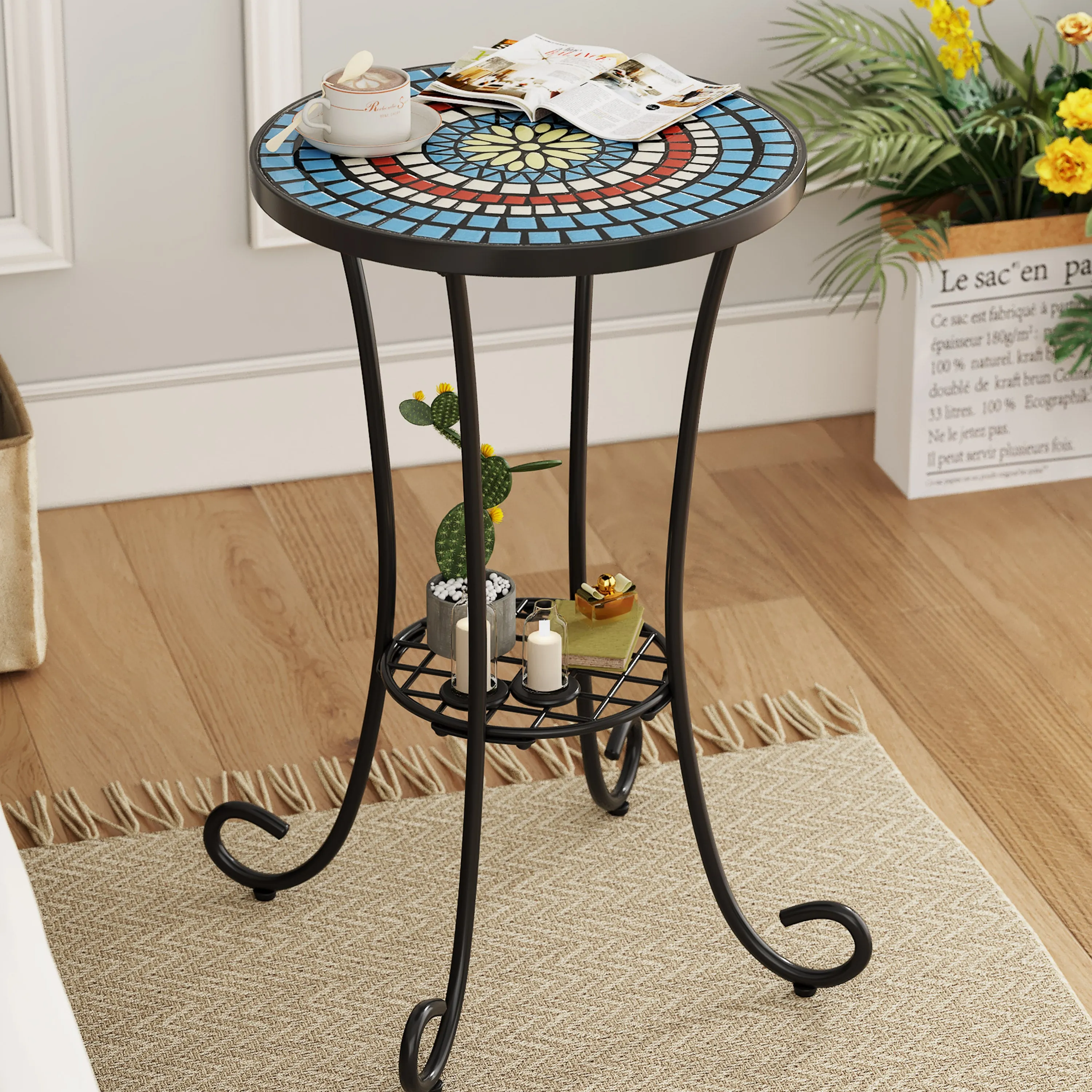 Outdoor Patio Floral Ceramic Side Table, Ceramic Tile