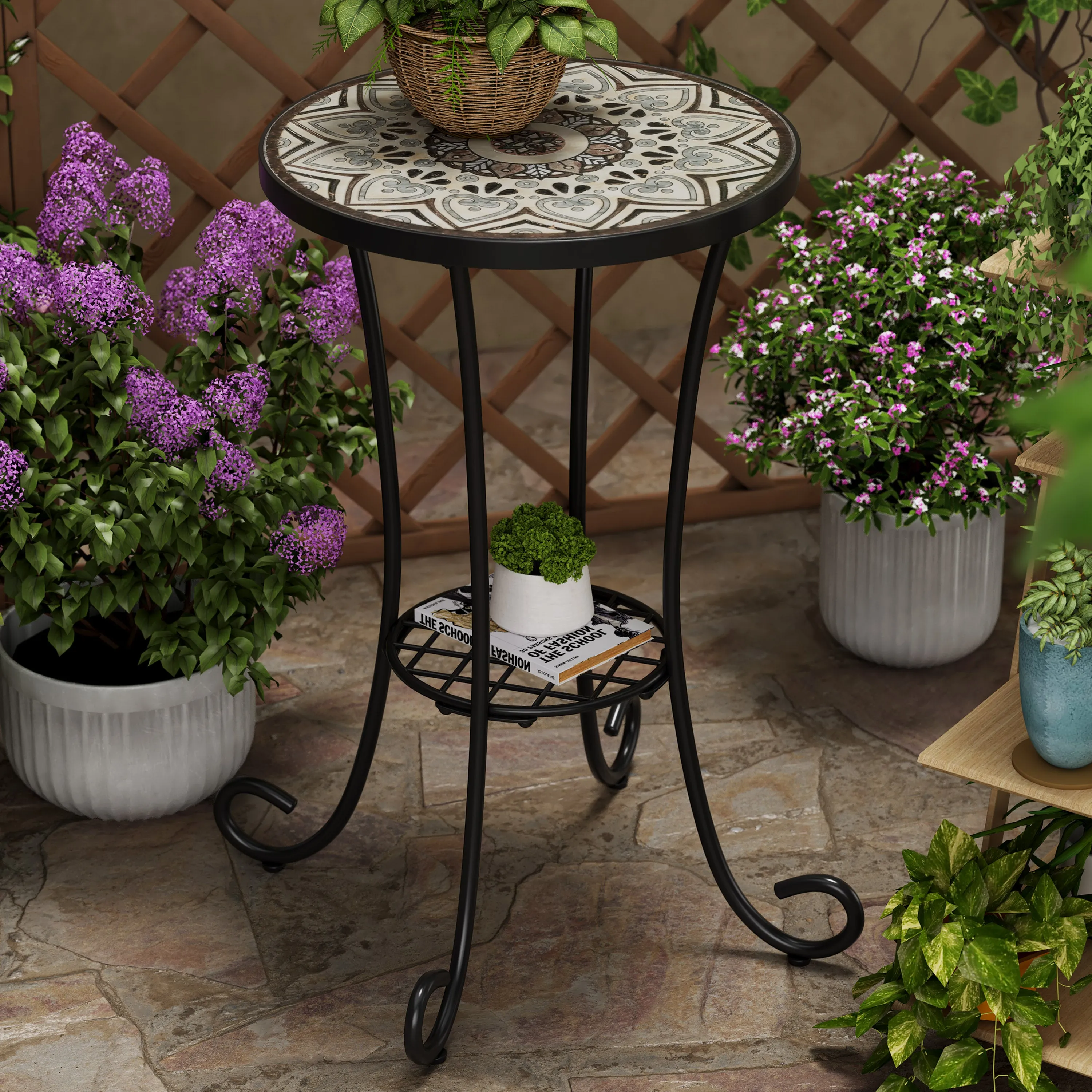 Outdoor Patio Floral Ceramic Side Table, Ceramic Tile