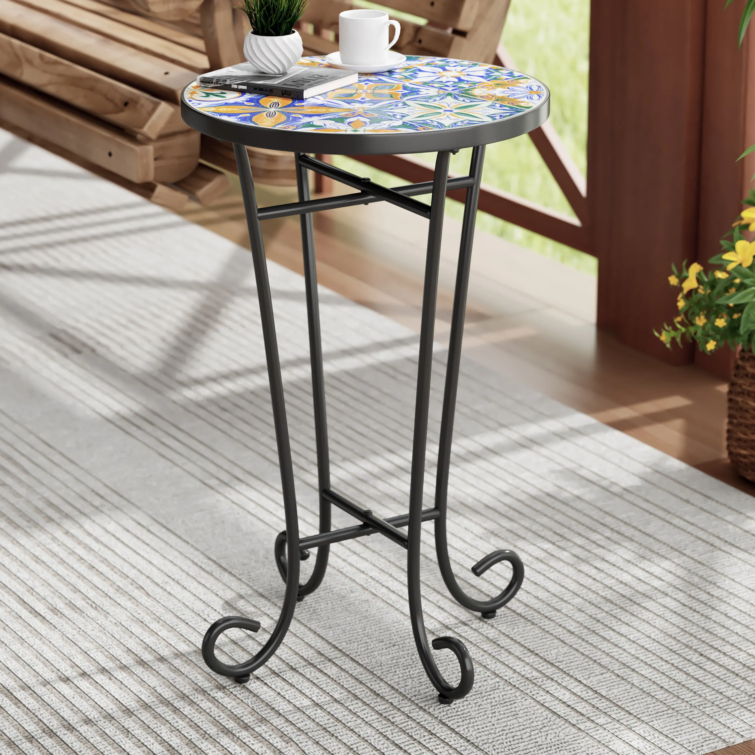 Outdoor Patio Round Side Table, Ceramic Tile