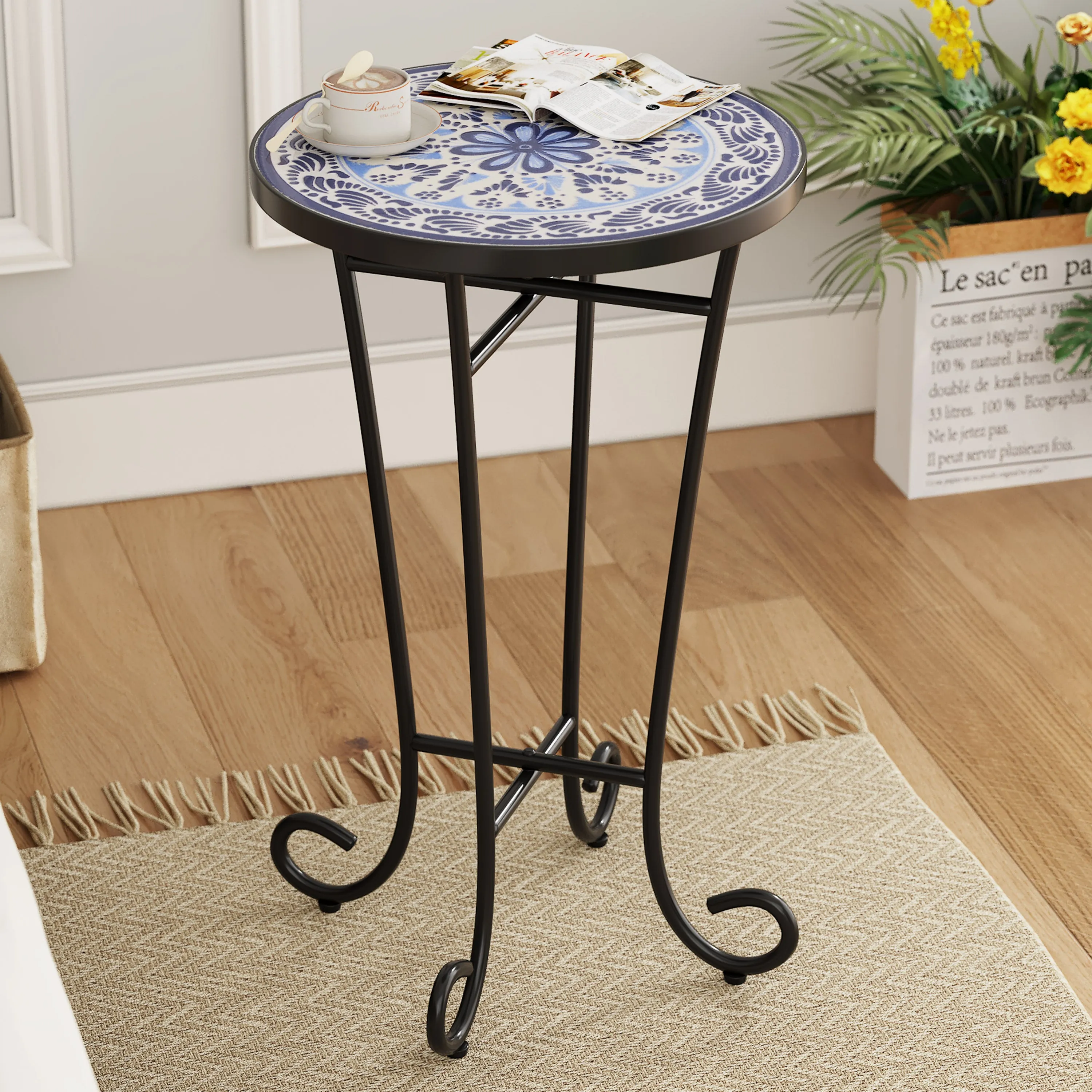 Outdoor Patio Round Side Table, Ceramic Tile