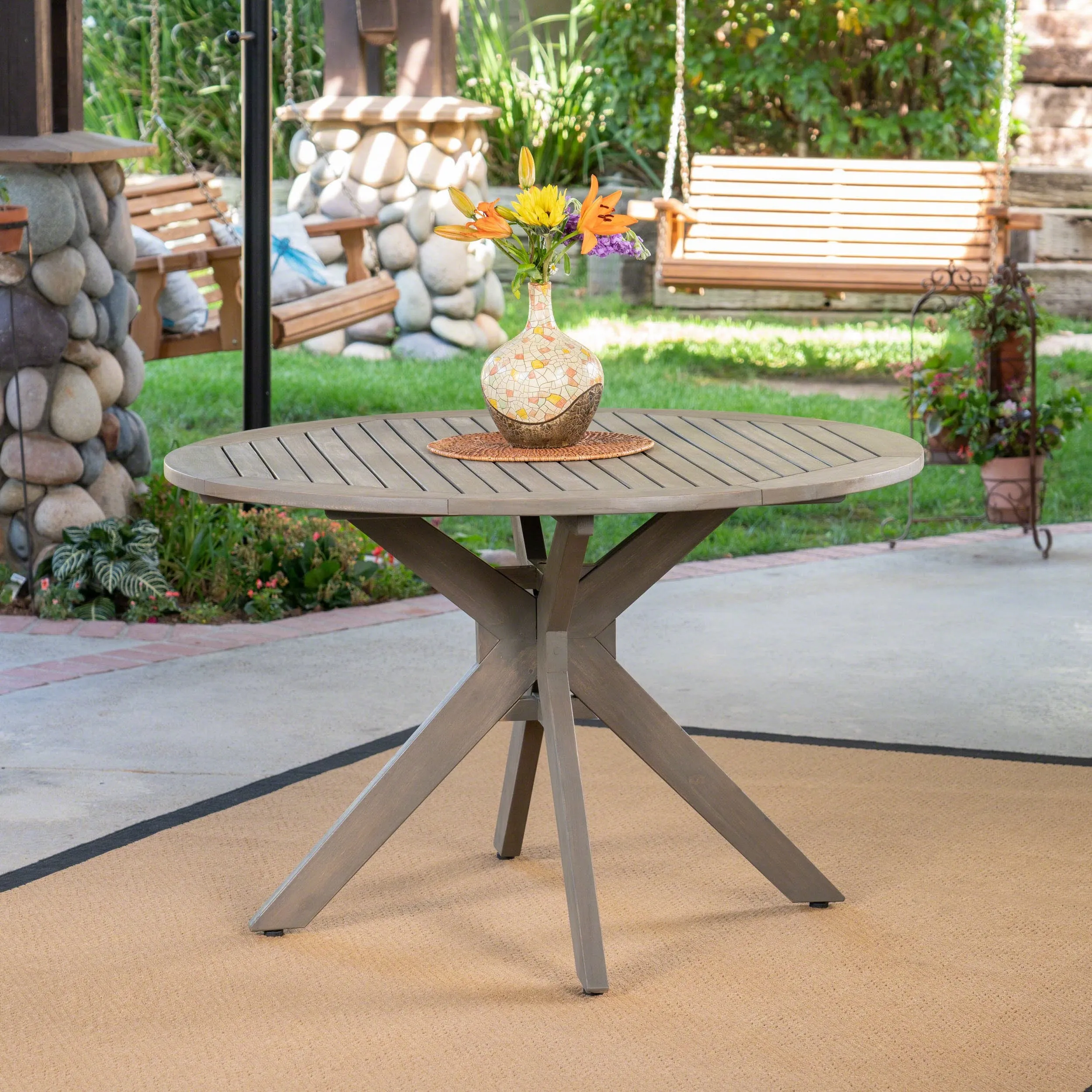 Outdoor Round Acacia Wood Dining Table with X Base, Gray - NH060503 patio chairs, outdoor seating