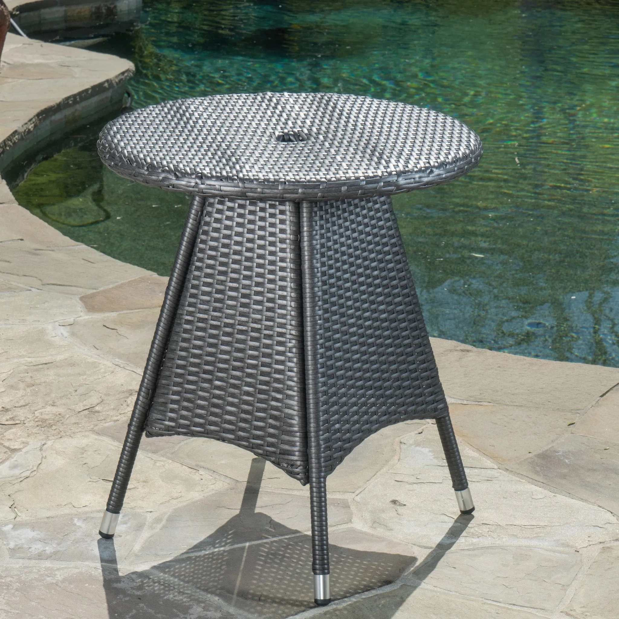Outdoor Round Gray Wicker Bistro Table with Umbrella Hole - NH165003 patio chairs, outdoor seating