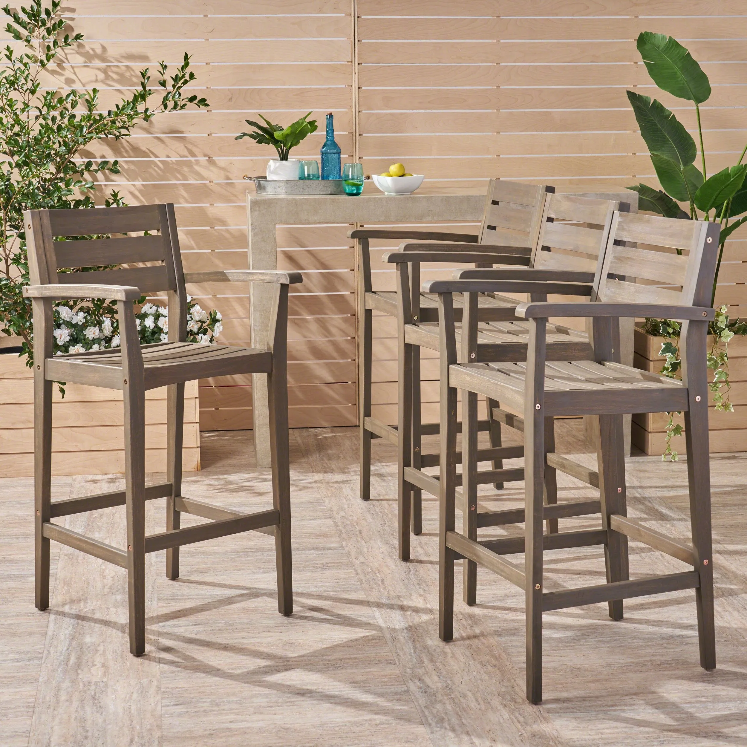 Outdoor Rustic Acacia Wood Barstool (Set of 4) - NH585603 patio chairs, outdoor seating