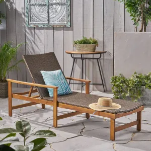 Outdoor Rustic Acacia Wood Chaise Lounge with Wicker Seating - NH609603 patio chairs, outdoor seating