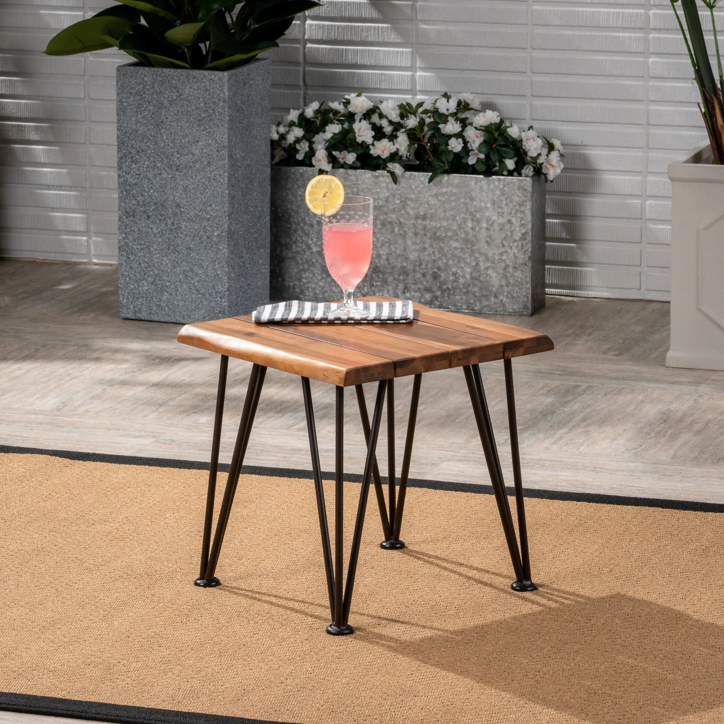Outdoor Rustic Industrial Acacia Wood Accent Table with Metal Hairpin Legs, Teak - NH209003 coffee table, accent table