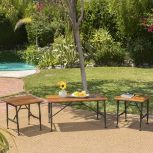 Outdoor Rustic Industrial Acacia Wood Coffee Table and Accent Table Set with Metal Frame, Teak and Black - NH031103 coffee table, accent table