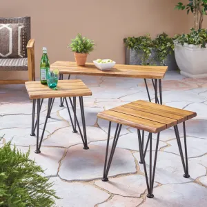 Outdoor Rustic Industrial Acacia Wood Coffee Table and Accent Table Set with Metal Hairpin Legs, Teak - NH109003 patio chairs, outdoor seating