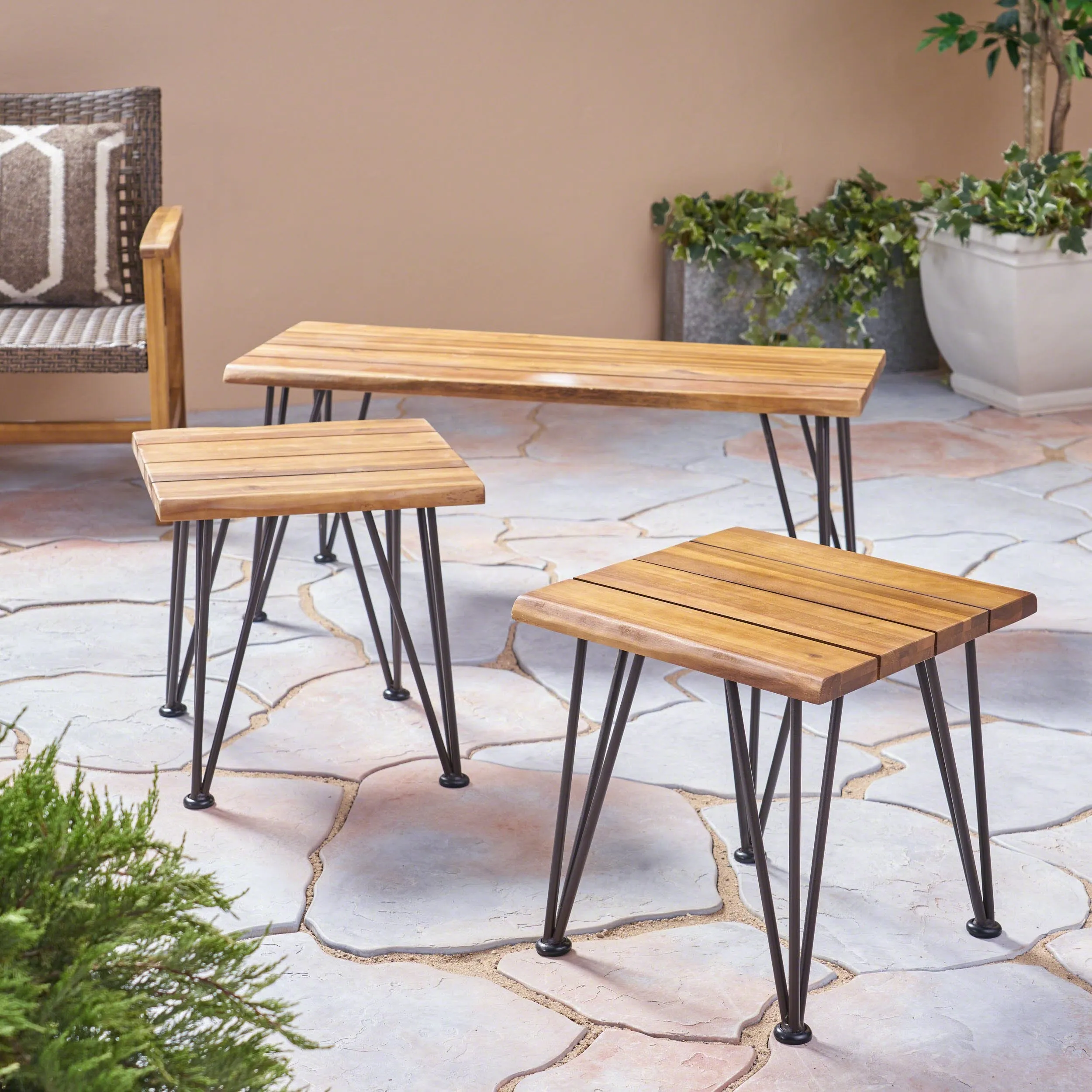 Outdoor Rustic Industrial Acacia Wood Coffee Table and Accent Table Set with Metal Hairpin Legs, Teak - NH109003