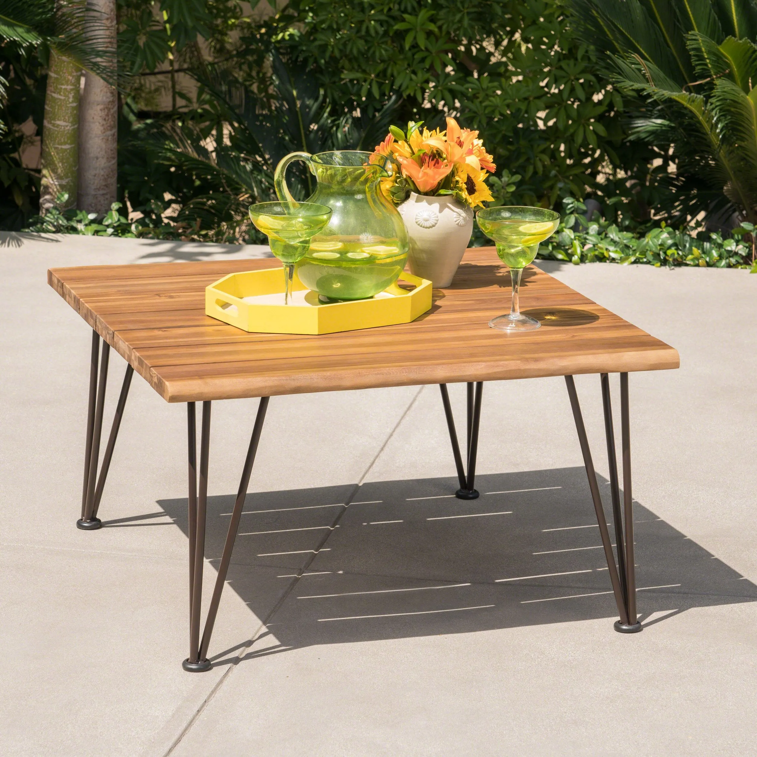 Outdoor Rustic Industrial Acacia Wood Coffee Table with Metal Hairpin Legs, Teak - NH551403 coffee table, accent table
