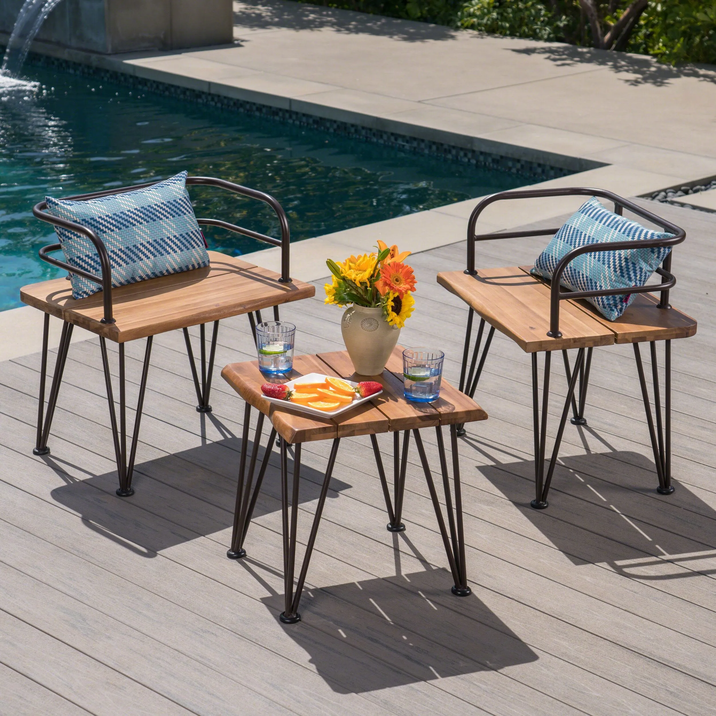 Outdoor Rustic Industrial Acacia Wood End Table Chat with Metal Hairpin Legs, Teak - NH461403 clothes rack, garment rack