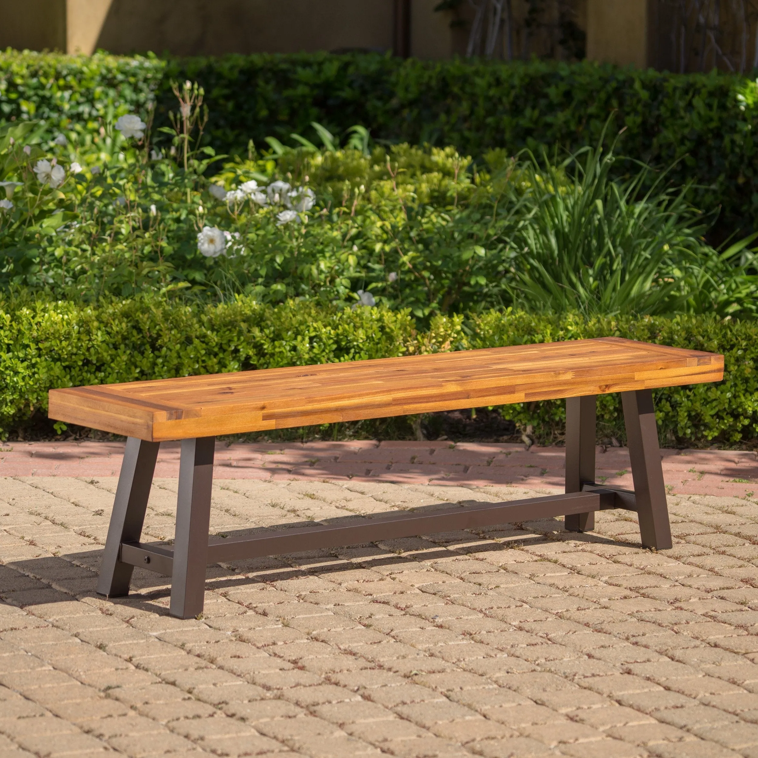 Outdoor Sandblack Finish Acacia Wood & Rustic Metal Bench - NH694003 stair tread rug, stair mat