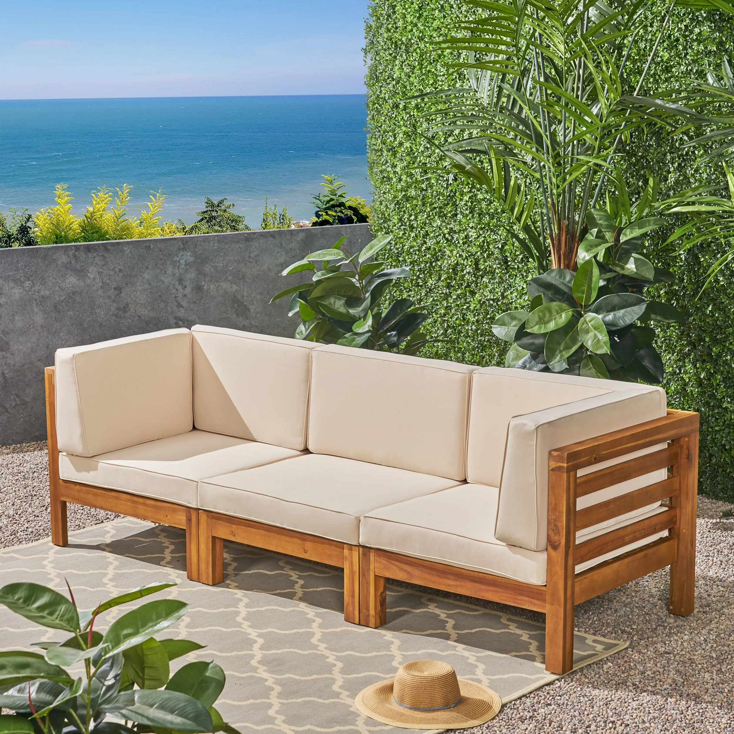 Outdoor Sectional Sofa Set - 3-Seater - Acacia Wood - Outdoor Cushions - NH930703 stair tread rug, stair mat