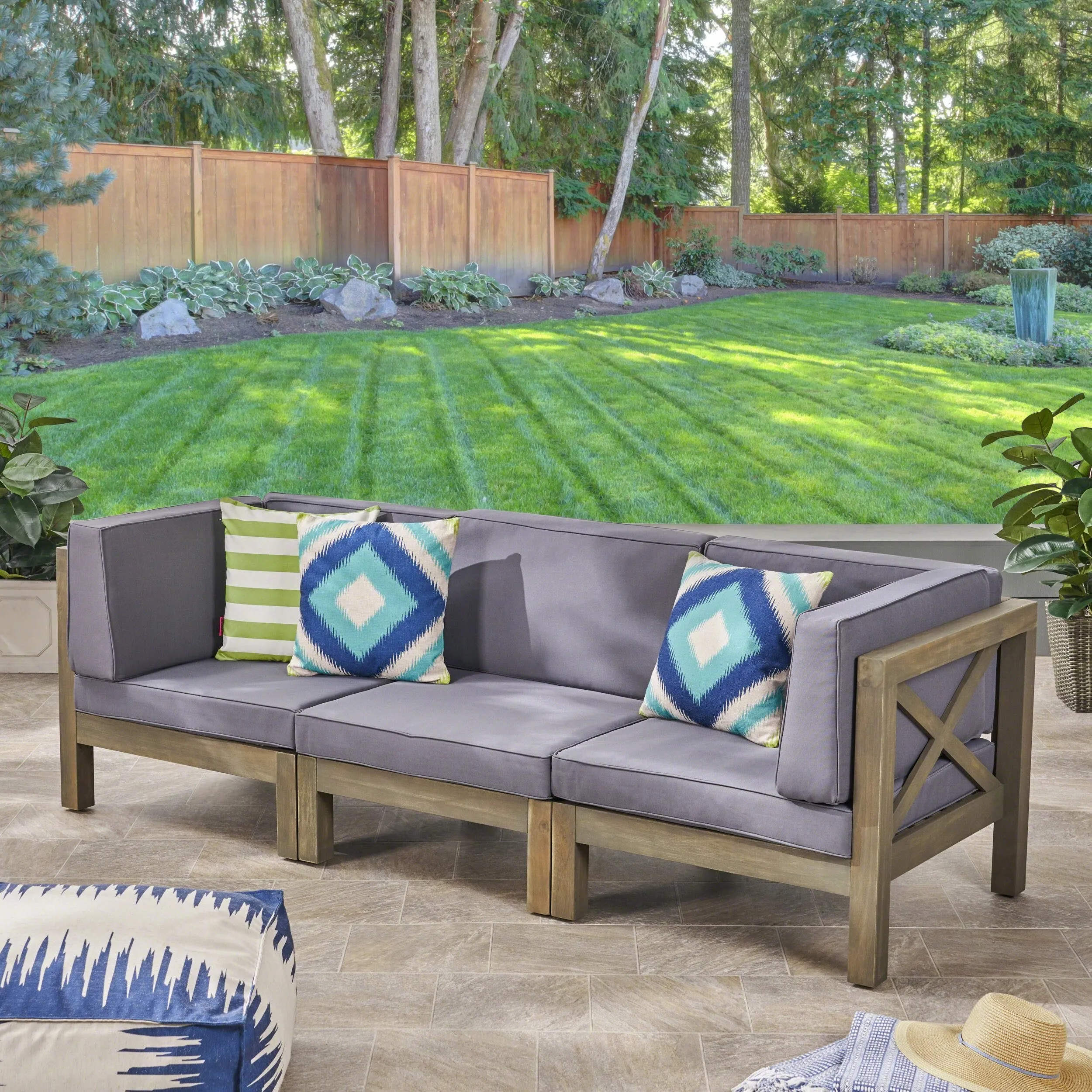 Outdoor Sectional Sofa Set  3-Seater  Acacia Wood  Water-Resistant Cushions - NH986603