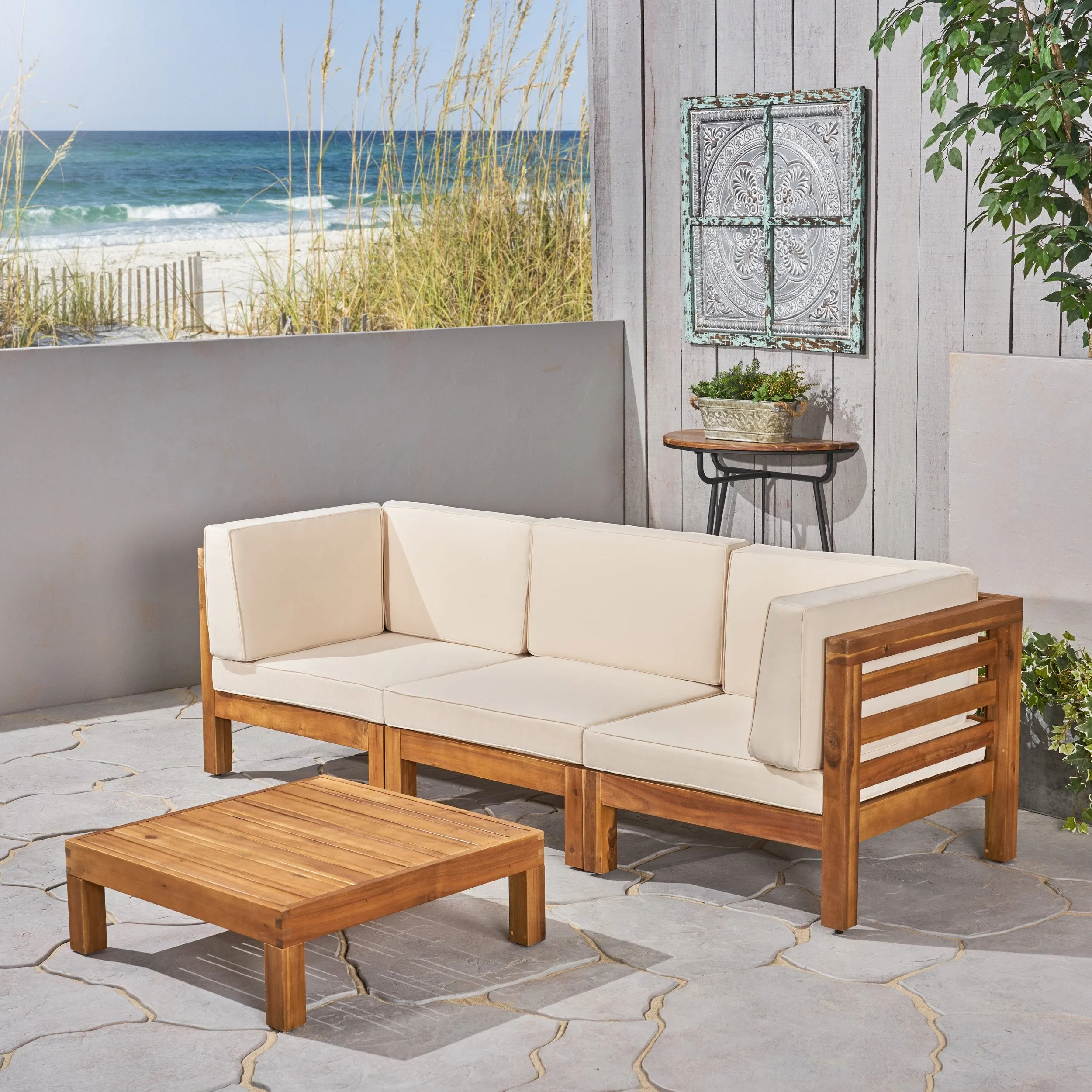 Outdoor Sectional Sofa Set with Coffee Table - 4-Piece 3-Seater - Acacia Wood - Outdoor Cushions - NH350703 clothes rack, garment rack