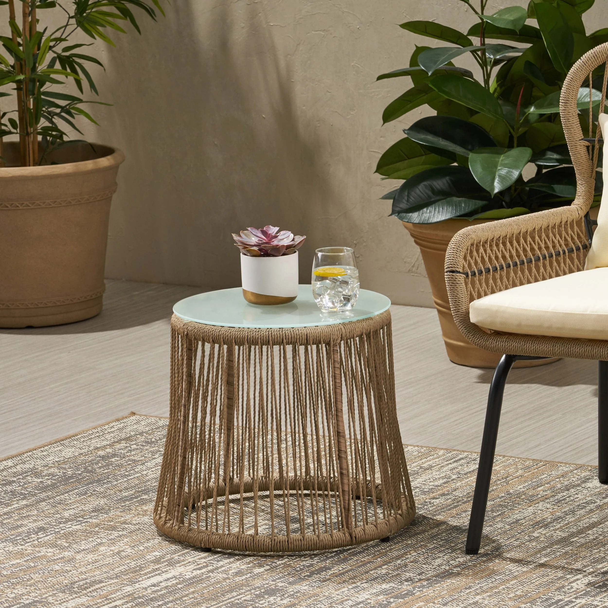 Outdoor Side Table, Steel and Rope, Tempered Glass Table Top, Boho - NH015703 patio chairs, outdoor seating