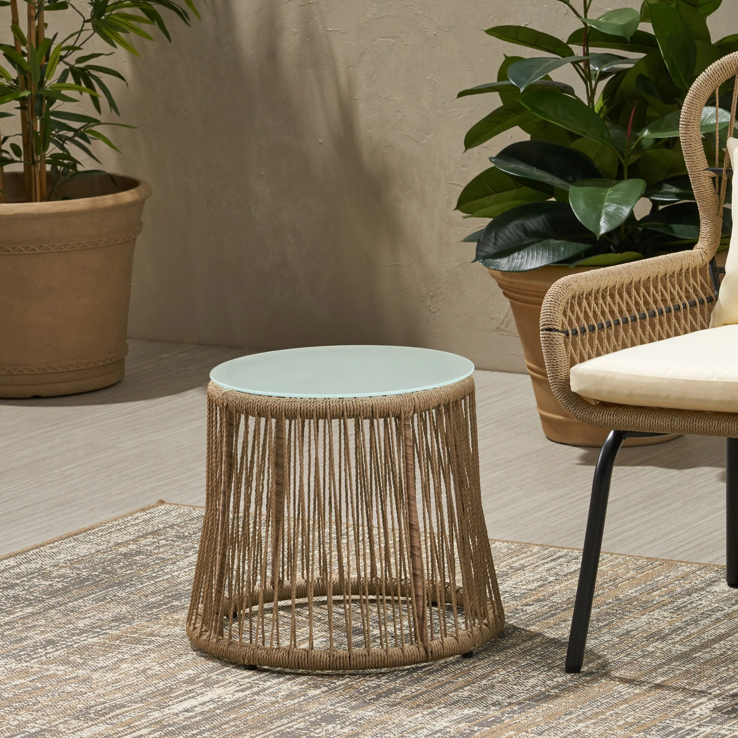 Outdoor Side Table, Steel and Rope, Tempered Glass Table Top, Boho - NH015703