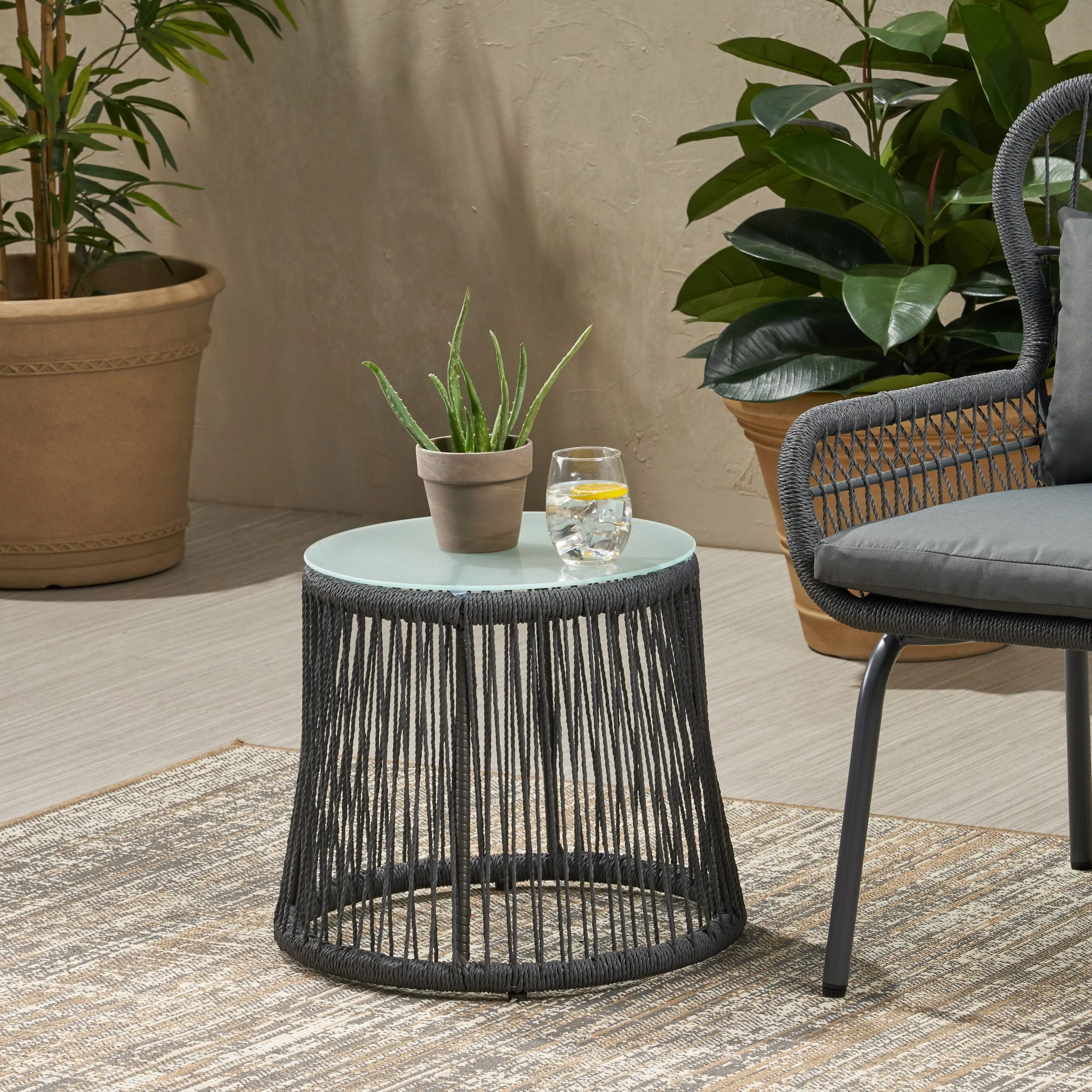 Outdoor Side Table, Steel and Rope, Tempered Glass Table Top, Boho - NH015703