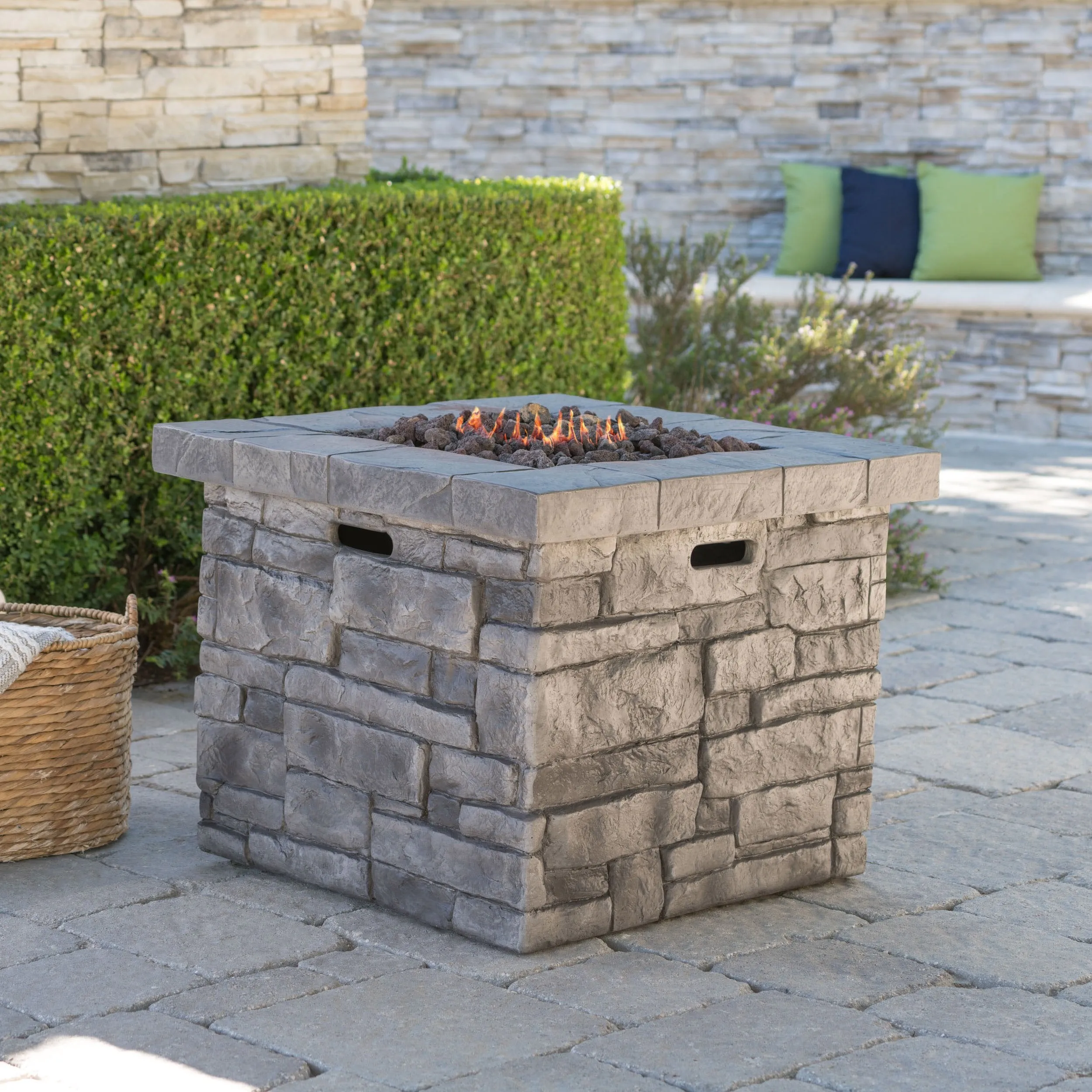 Outdoor Square Gray Lightweight Concrete Fire Pit with Stone Finish - NH222303 patio chairs, outdoor seating