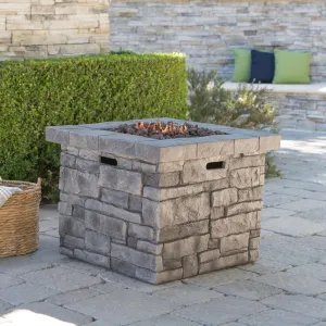 Outdoor Square Gray Lightweight Concrete Fire Pit with Stone Finish - NH222303 patio chairs, outdoor seating