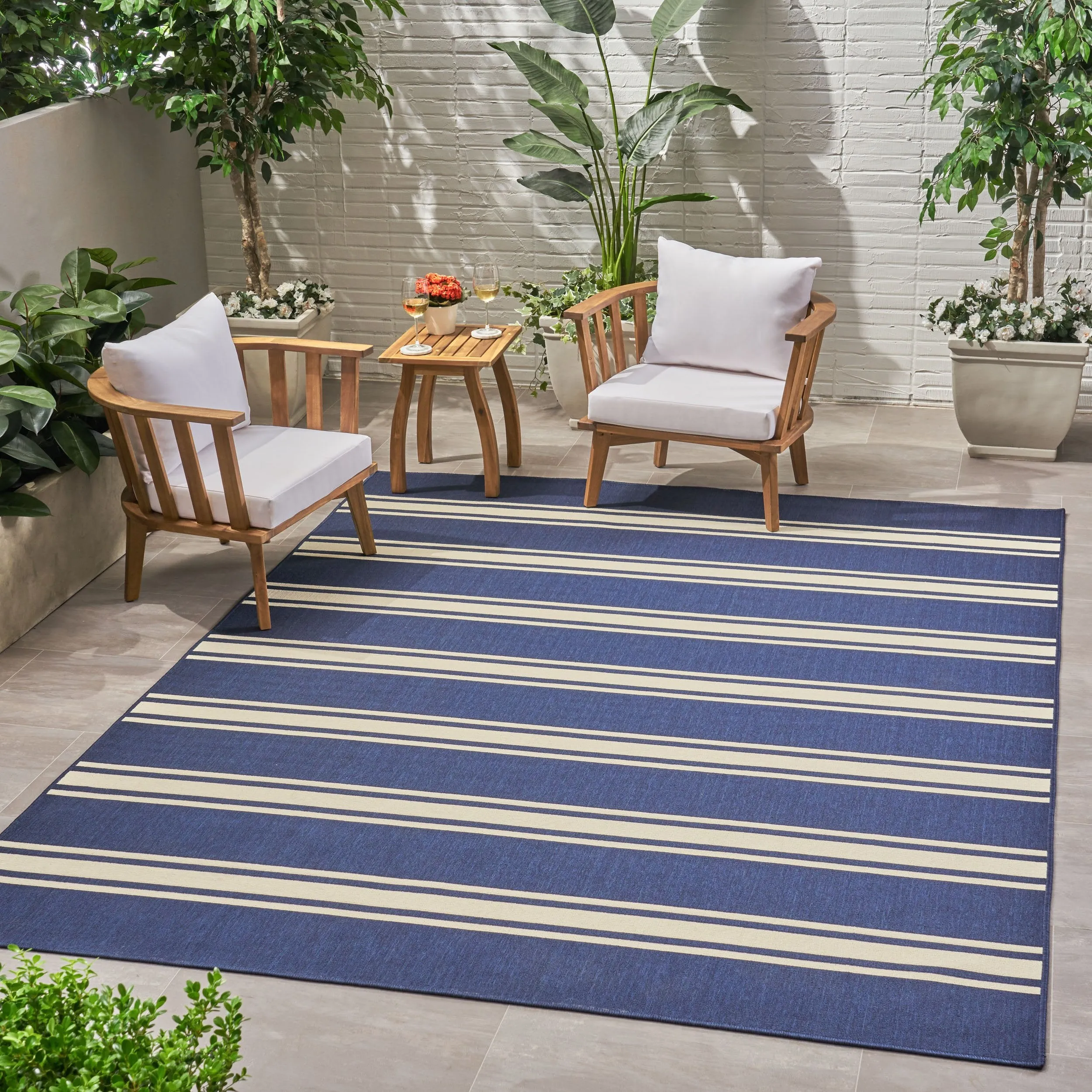 Outdoor Stripe Area Rug, Navy and Ivory - NH745803