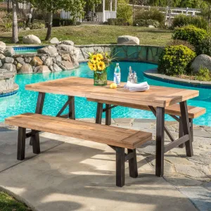 Outdoor Teak Finish and Brushed Grey Acacia Wood Picnic Dining Set - NH175692 patio chairs, outdoor seating