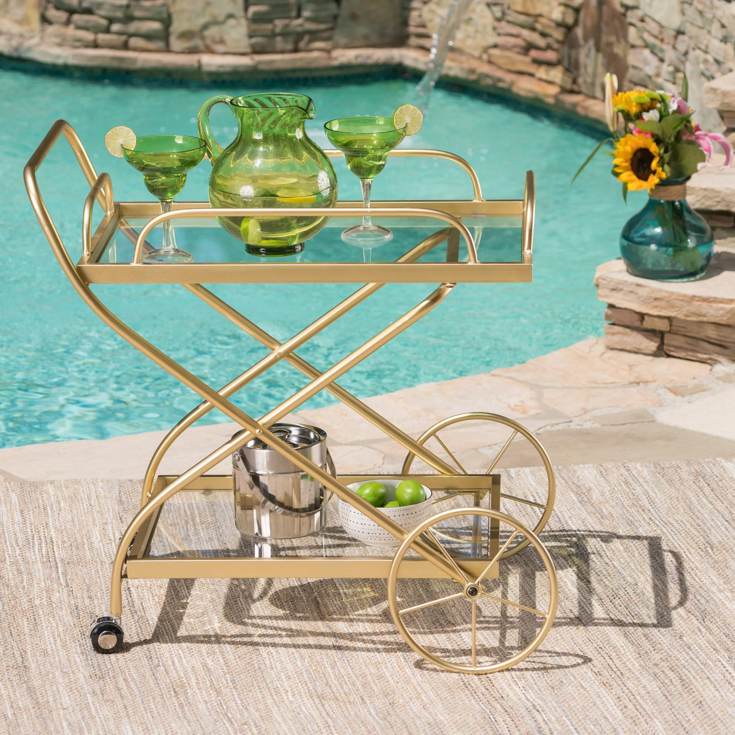 Outdoor Traditional Iron and Glass Bar Cart, Gold - NH725403 patio chairs, outdoor seating