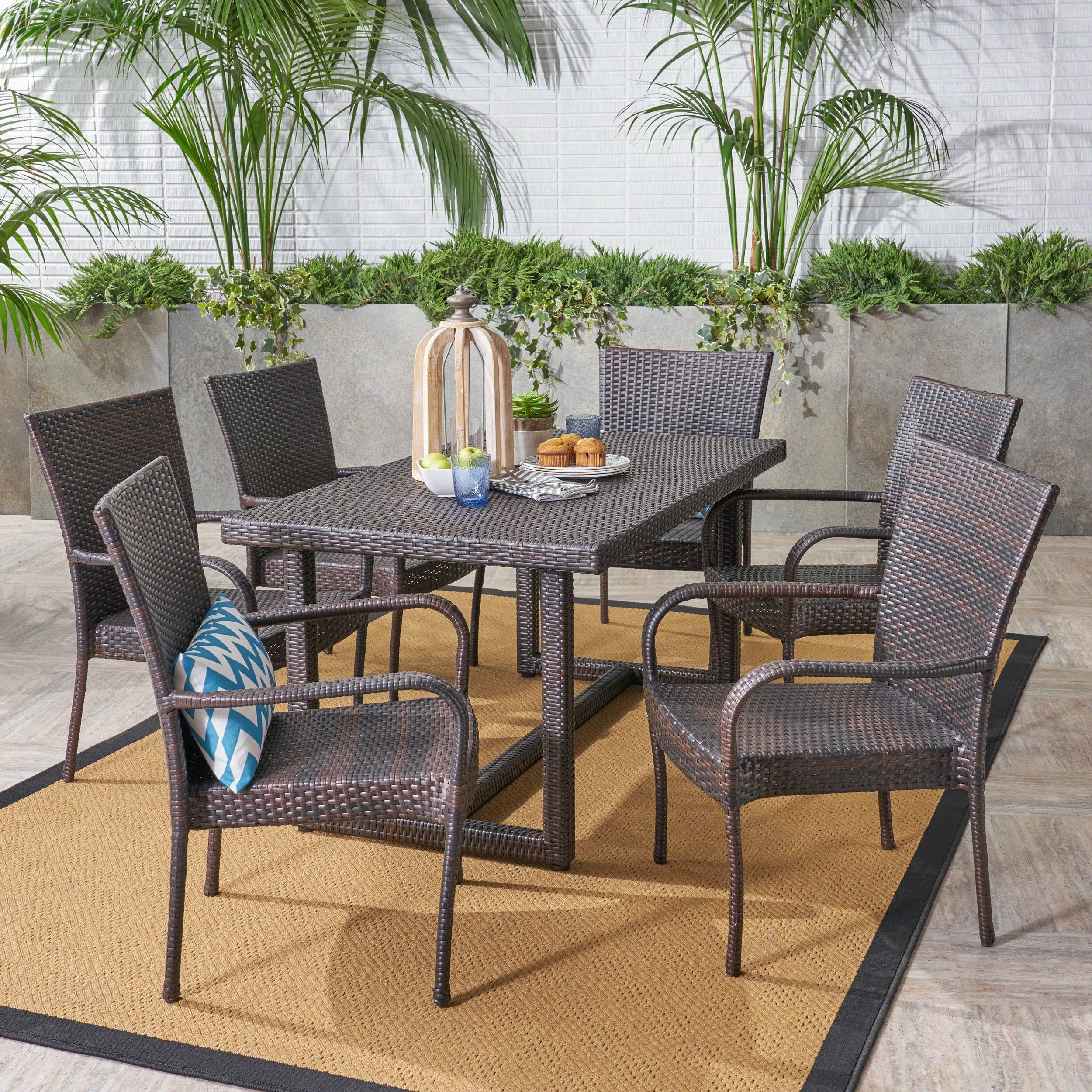 Outdoor Transitional 7-Piece Multi-Brown Wicker Dining Set - NH527403 patio chairs, outdoor seating