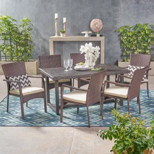 Outdoor Transitional 7-Piece Multi-Brown Wicker Dining Set with Cushions - NH627403 patio chairs, outdoor seating