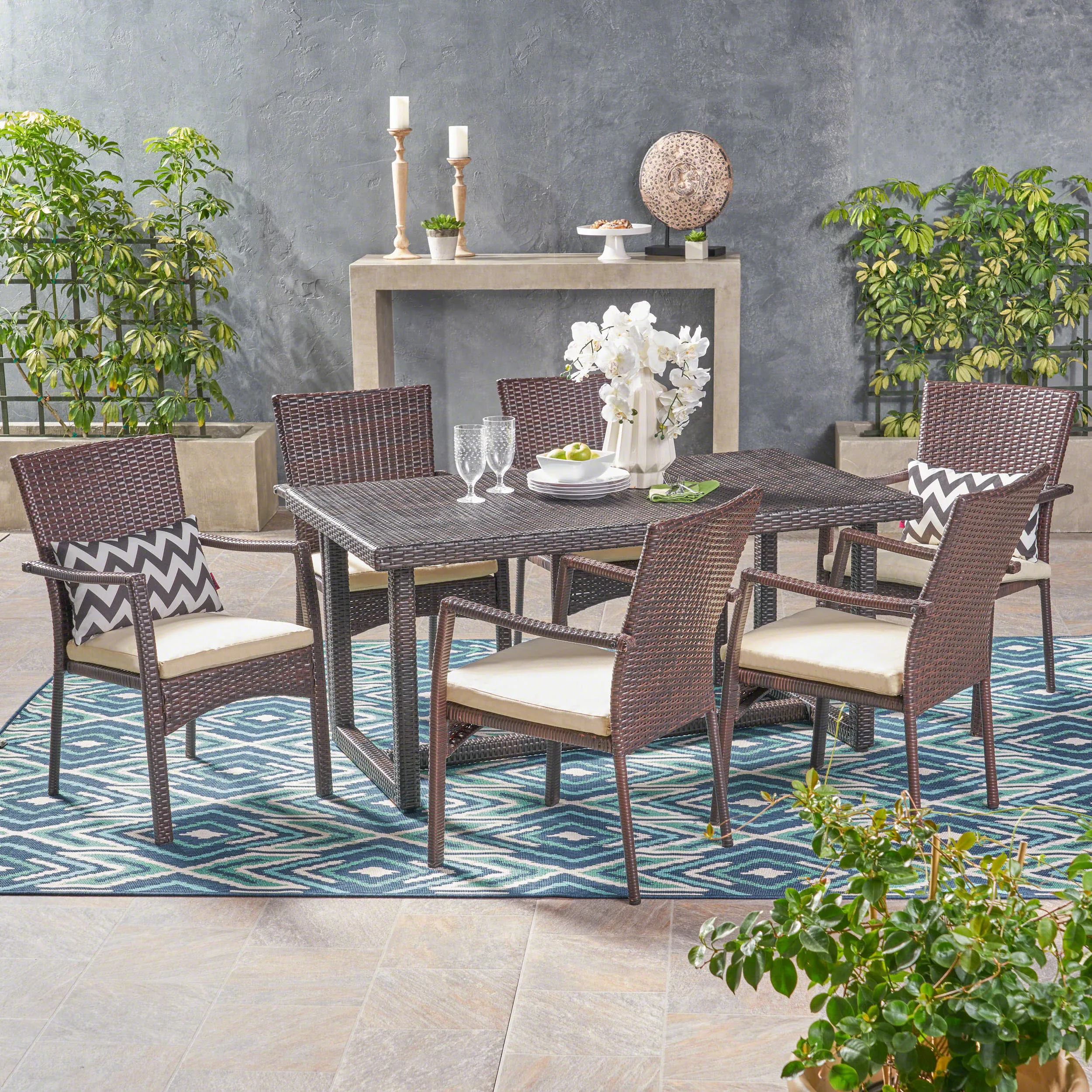 Outdoor Transitional 7-Piece Multi-Brown Wicker Dining Set with Cushions - NH627403 patio chairs, outdoor seating