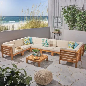 Outdoor U-Shaped Sectional Sofa Set with Coffee Table - 9-Piece 8-Seater - Acacia Wood - Outdoor Cushions - NH090703 patio chairs, outdoor seating