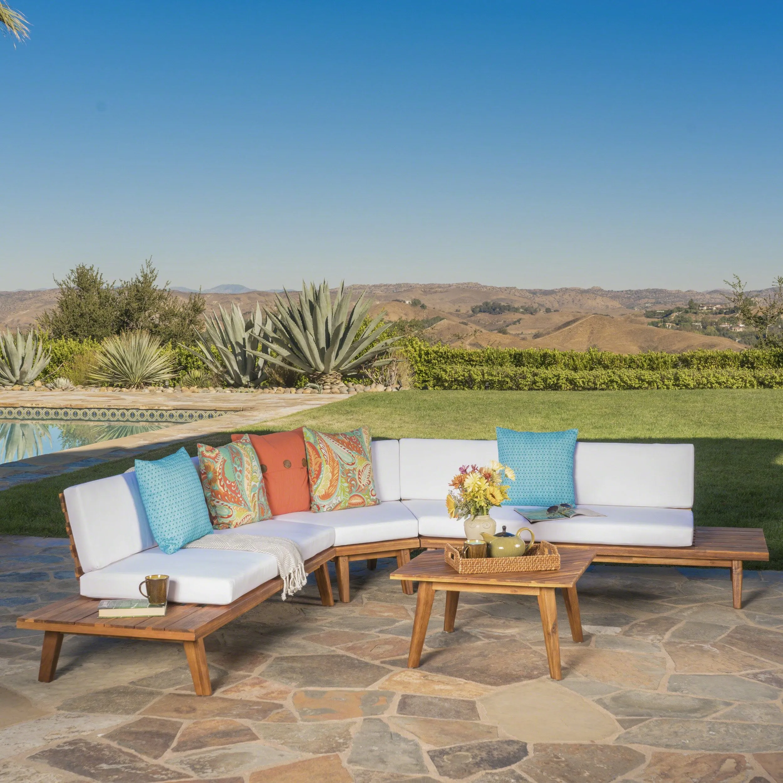 Outdoor V Shaped 4 Piece Acacia Wood Sectional Sofa Set - NH806203 serving bowl, serving dish