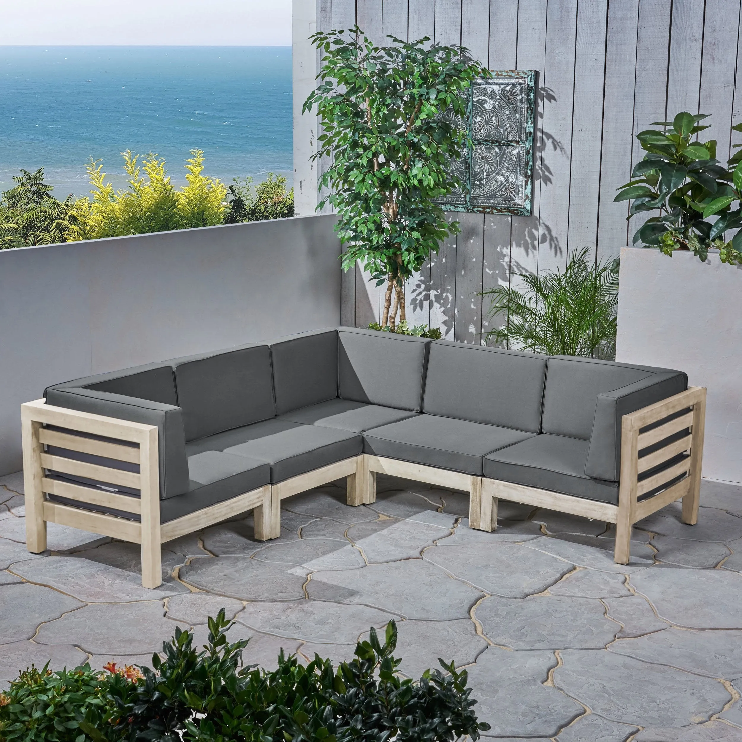 Outdoor V-Shaped Sectional Sofa Set - 5-Seater - Acacia Wood - Outdoor Cushions - NH260703