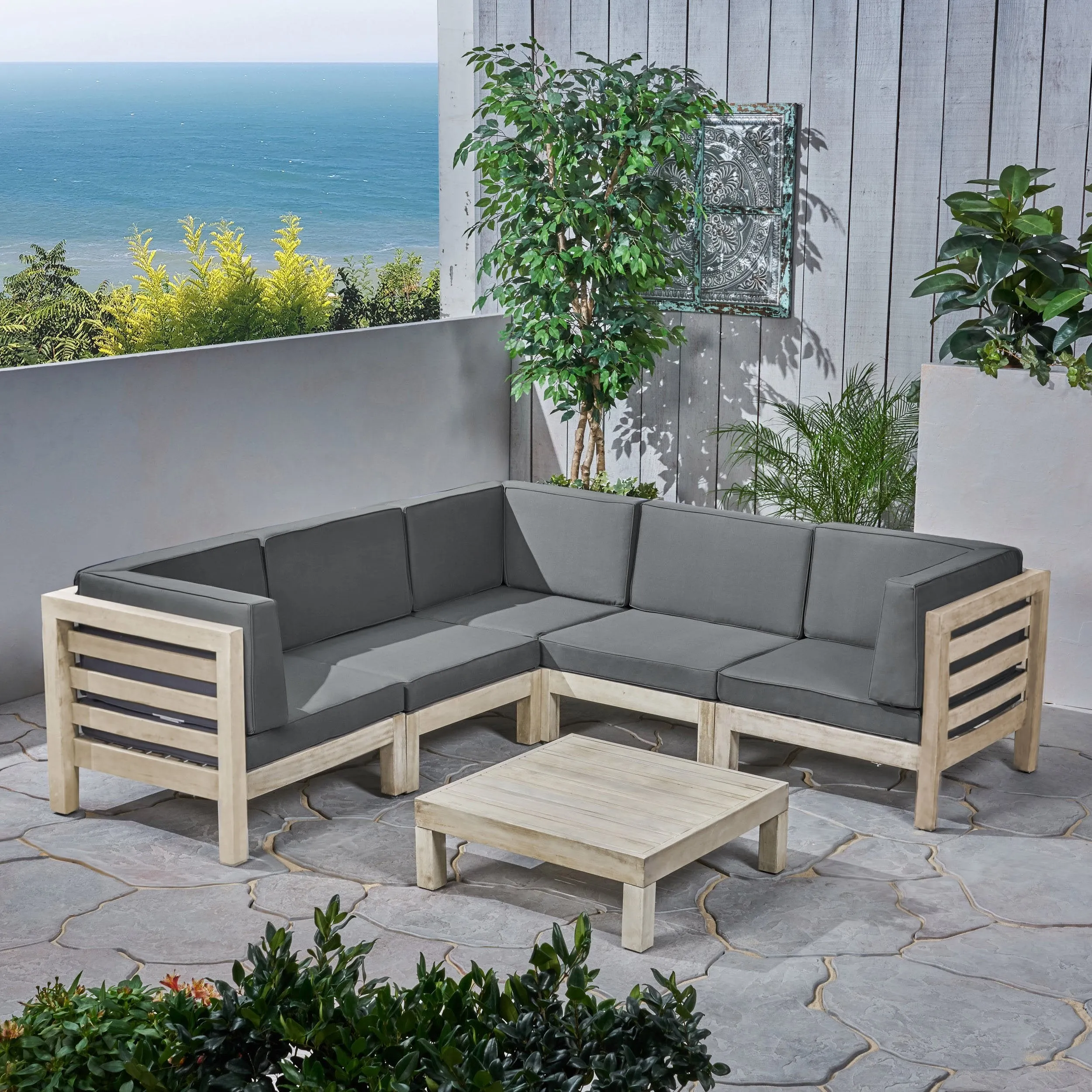 Outdoor V-Shaped Sectional Sofa Set with Coffee Table - 6-Piece 5-Seater - Acacia Wood - Outdoor Cushions - Weathered Gray and Dark Gray - NH160703 serving bowl, serving dish