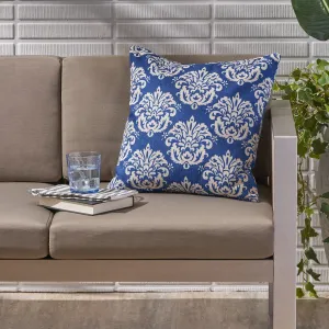Outdoor Water Resistant 18-inch Square Pillow, Beige on Blue Damask - NH197503 patio chairs, outdoor seating