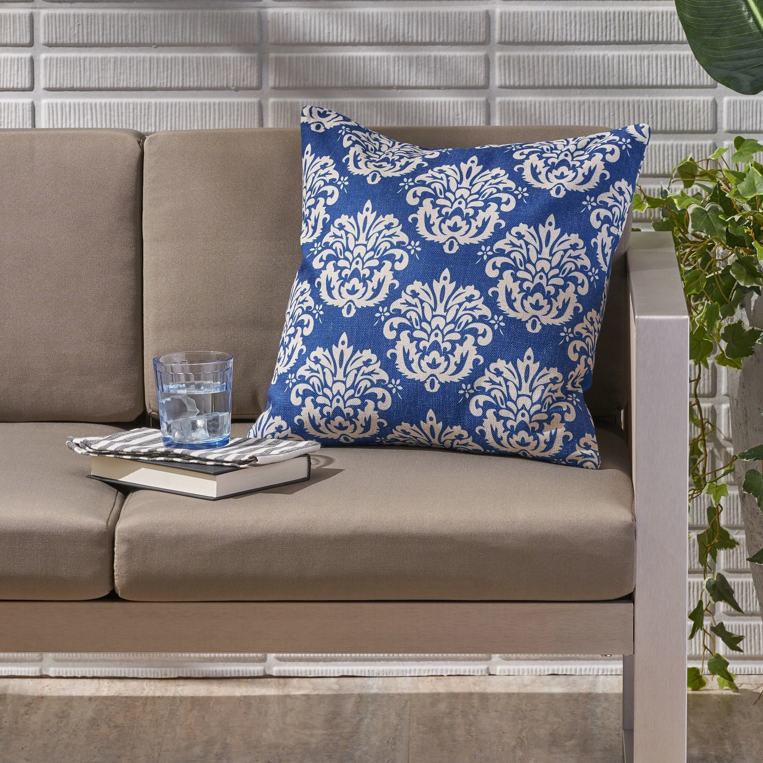 Outdoor Water Resistant 18-inch Square Pillow, Beige on Blue Damask - NH197503 patio chairs, outdoor seating