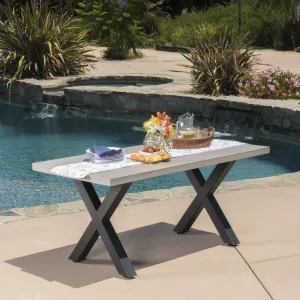 Outdoor White Lightweight Concrete Dining Table w/ Black Iron Legs - NH030103 patio chairs, outdoor seating