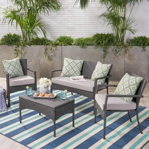 Outdoor Wicker 4 Seater Chat Set, Grey with Silver Cushions - NH358403 cushion cover, soft furnishing