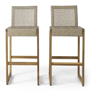 Outdoor Wicker Barstools, Set of 2, Light Multi-Brown and Teak - NH102413 patio chairs, outdoor seating