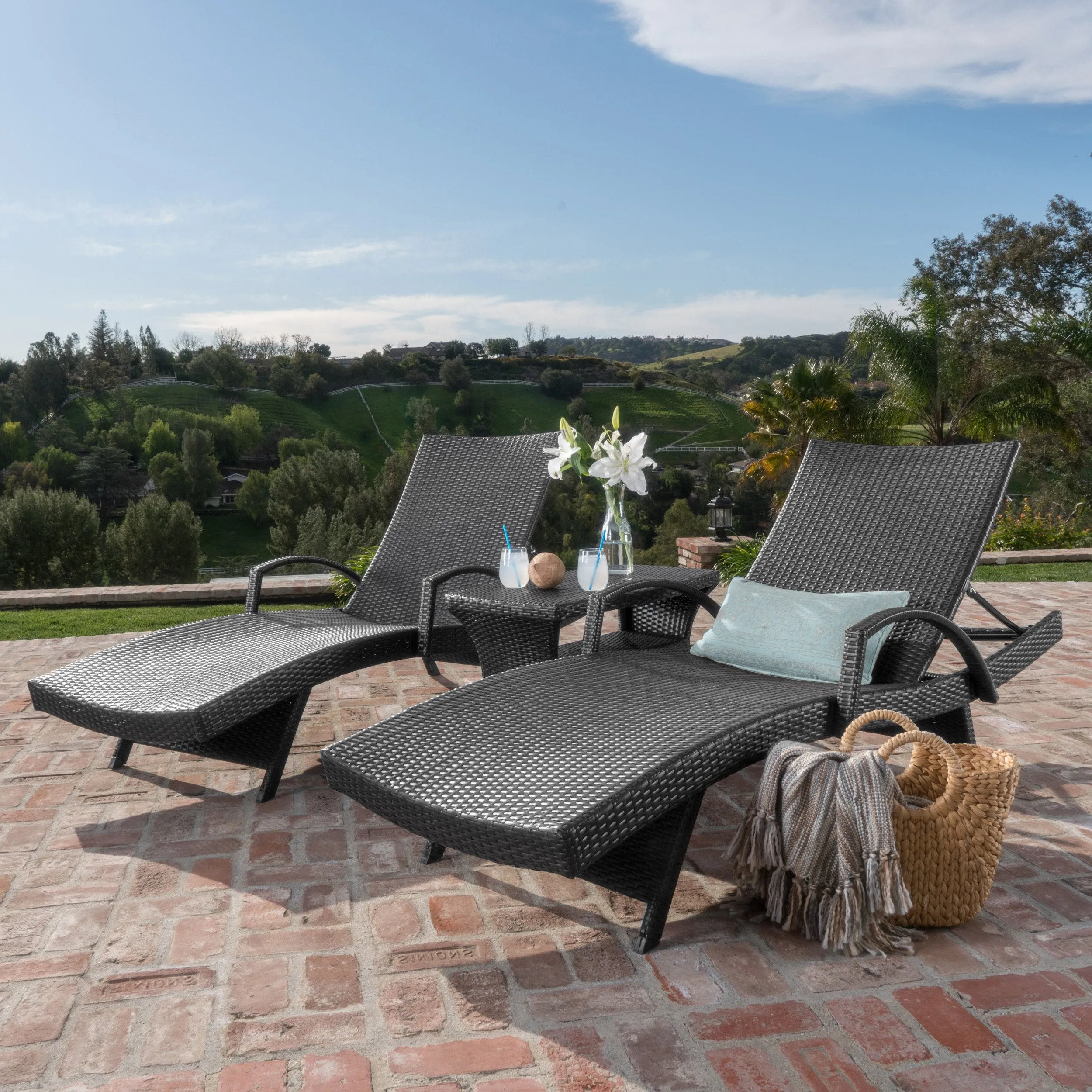Outdoor Wicker Chaise Lounges (Set of 2) w/ Coffee Table - NH799003 patio chairs, outdoor seating