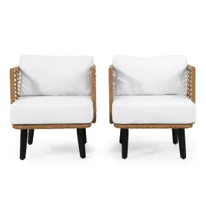 Outdoor Wicker Club Chair with Water Resistant Cushion, Set of 2, Light Brown and White - NH300513 chandelier, pendant light