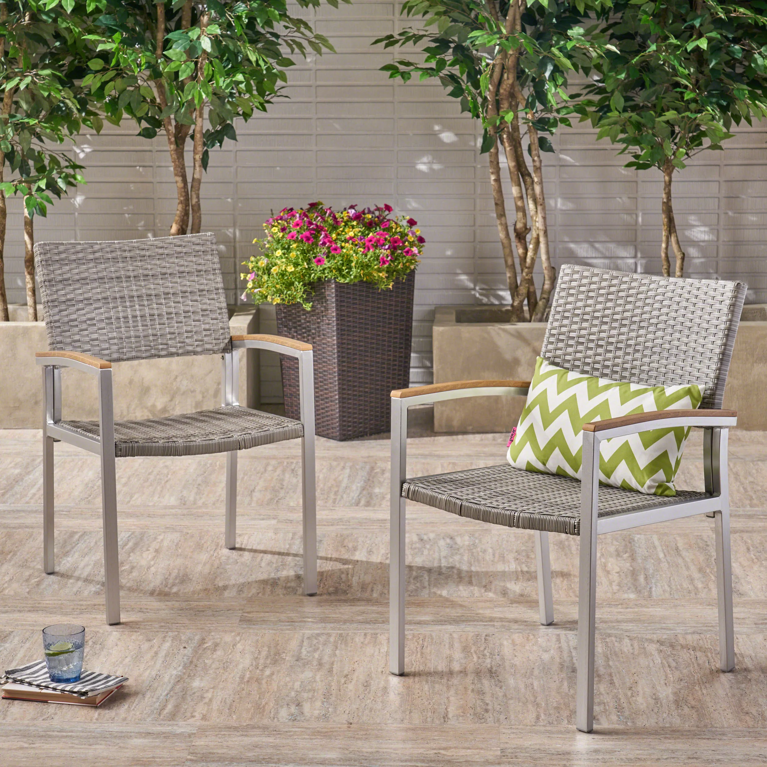 Outdoor Wicker Dining Chair with Aluminum Frame (Set of 2), Gray and Silver - NH576503 chandelier, pendant light