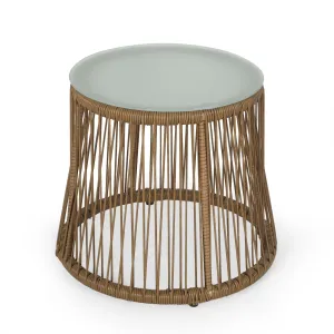 Outdoor Wicker Side Table with Glass Top, Light Brown - NH699413 coffee table, accent table