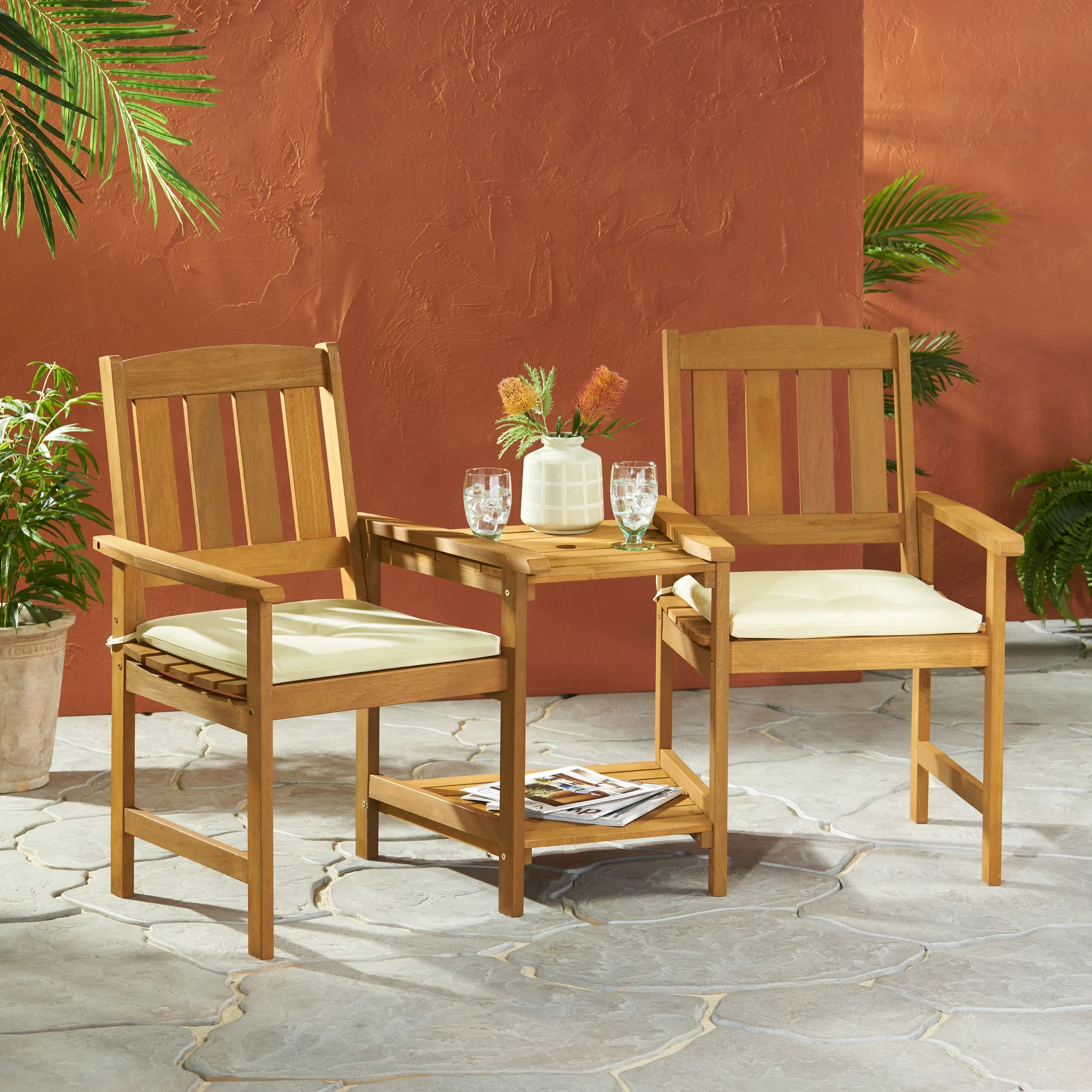 Outdoor Wood Adjoining 2-Seater Chairs with Cushions - NH905692