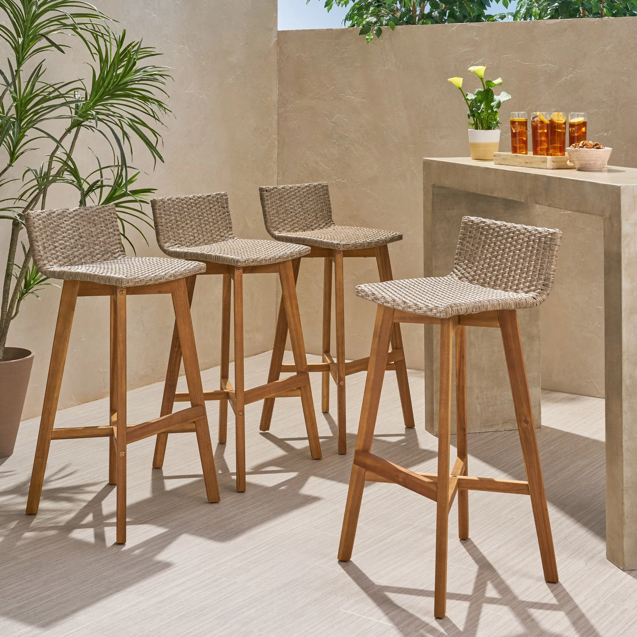 Outdoor Wood & Wicker Barstools (Set of 4) - NH360013
